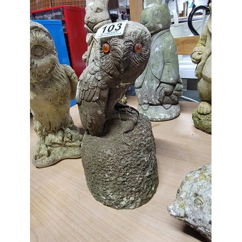 103 - Quantity of stoneware animals inc 2x owls along with a hedgehog in good order largest measures 30cm ... 