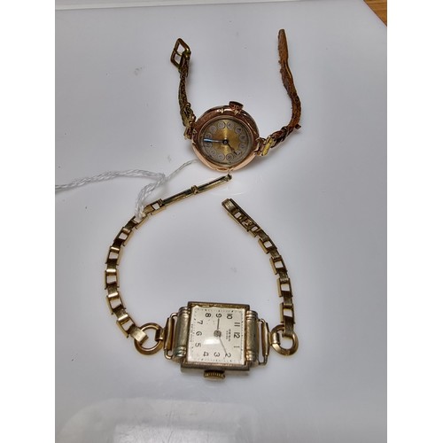 493 - Hallmarked 9ct yellow gold cased vintage watch along with one other watch with a rolled gold strap b... 