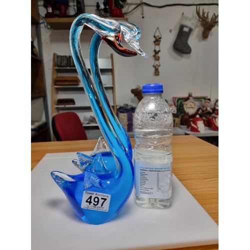 497 - 2 x good vintage hand blown art glass swan figures one has an ornate agate banded glass beak, both i... 