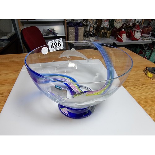 498 - Large impressive Caithness glass bowl with dolphin etchings to both sides and a multi coloured swirl... 