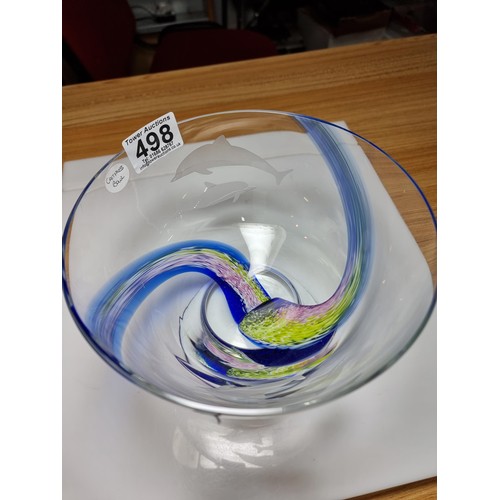 498 - Large impressive Caithness glass bowl with dolphin etchings to both sides and a multi coloured swirl... 