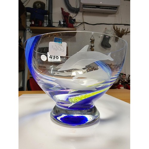 498 - Large impressive Caithness glass bowl with dolphin etchings to both sides and a multi coloured swirl... 