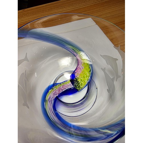 498 - Large impressive Caithness glass bowl with dolphin etchings to both sides and a multi coloured swirl... 