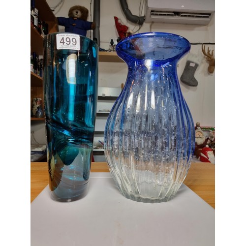 499 - Two large impressive art glass vases to inc. a hand made/blown vase with a ribbed design showing bub... 