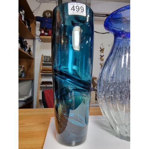 499 - Two large impressive art glass vases to inc. a hand made/blown vase with a ribbed design showing bub... 