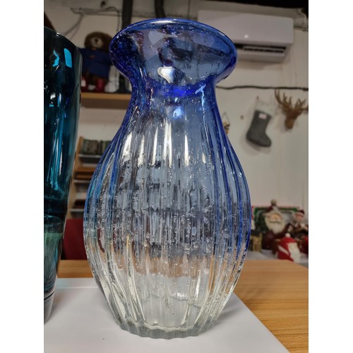 499 - Two large impressive art glass vases to inc. a hand made/blown vase with a ribbed design showing bub... 