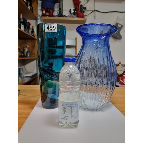 499 - Two large impressive art glass vases to inc. a hand made/blown vase with a ribbed design showing bub... 