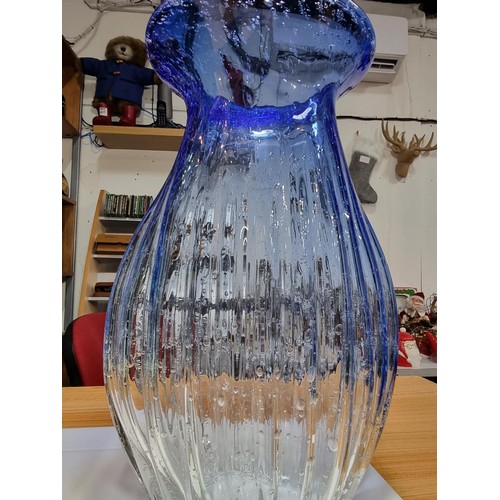 499 - Two large impressive art glass vases to inc. a hand made/blown vase with a ribbed design showing bub... 