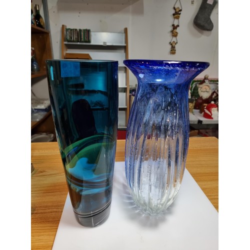 499 - Two large impressive art glass vases to inc. a hand made/blown vase with a ribbed design showing bub... 