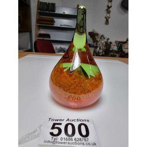 500 - Pretty art glass moon drop paper weight by Caithness featuring an orange swirl and bubble design wit... 