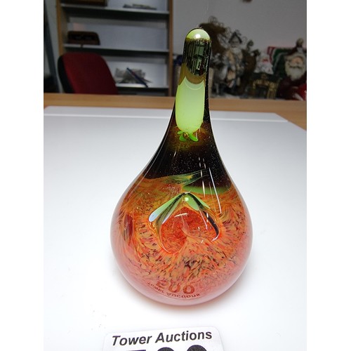 500 - Pretty art glass moon drop paper weight by Caithness featuring an orange swirl and bubble design wit... 