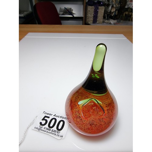 500 - Pretty art glass moon drop paper weight by Caithness featuring an orange swirl and bubble design wit... 