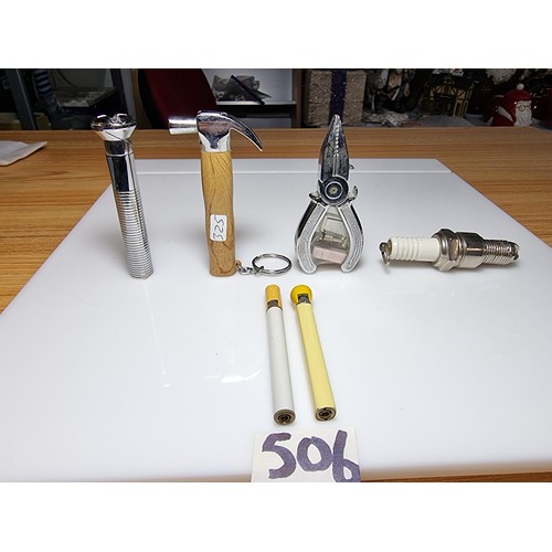 506 - Collection of 6 novelty lighters all tool related along with a match stick and cigarette lighters