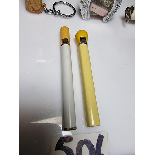 506 - Collection of 6 novelty lighters all tool related along with a match stick and cigarette lighters