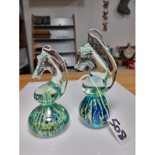 508 - 2 x Art glass sea horse paper weights by Mdina (Malta) both in fine order the tallest is 16cm and bo... 