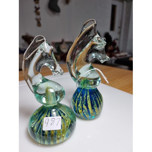 508 - 2 x Art glass sea horse paper weights by Mdina (Malta) both in fine order the tallest is 16cm and bo... 