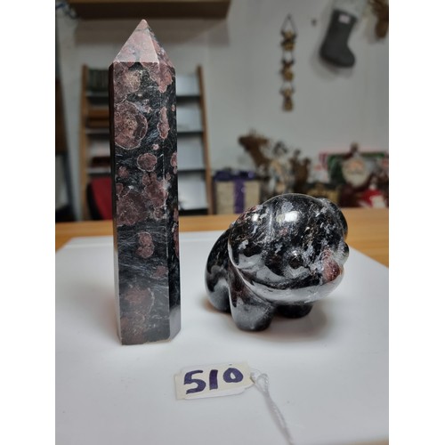 510 - 2 large impressive garnet on black tourmaline ornaments to inc. a carved Obelisk along with a carved... 