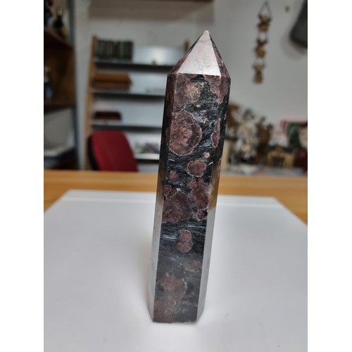 510 - 2 large impressive garnet on black tourmaline ornaments to inc. a carved Obelisk along with a carved... 