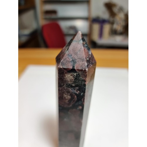 510 - 2 large impressive garnet on black tourmaline ornaments to inc. a carved Obelisk along with a carved... 