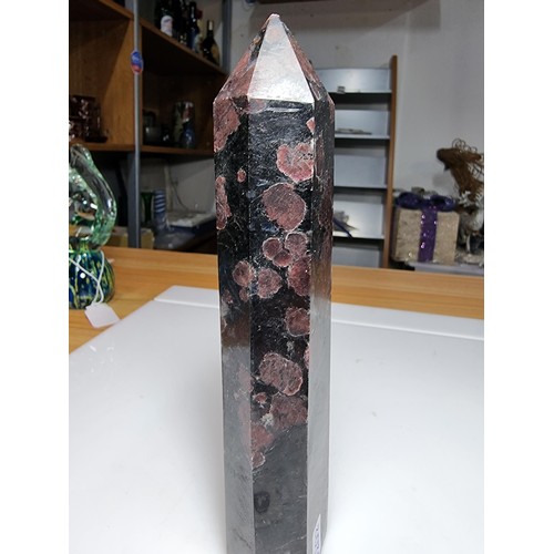 510 - 2 large impressive garnet on black tourmaline ornaments to inc. a carved Obelisk along with a carved... 