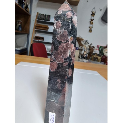 510 - 2 large impressive garnet on black tourmaline ornaments to inc. a carved Obelisk along with a carved... 