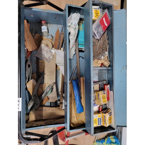 144 - Cantilever tool box containing a quantity of tools inc nails, chisel blades, g clamp etc along with ... 