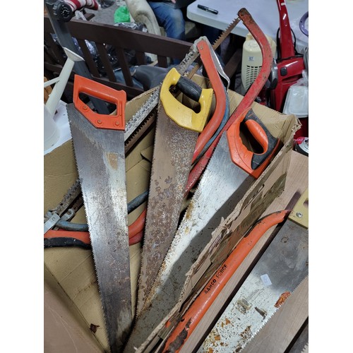 159 - Box containing a large quantity of hand saws, inc vintage tree saw, bow saws, 3x Erwin saws etc