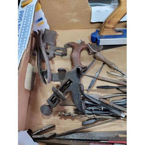 160 - Box of tools and accessories inc 2x shoe lasts, carpenters vice, belly drills, spanners, augurs and ... 