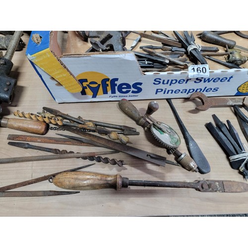 160 - Box of tools and accessories inc 2x shoe lasts, carpenters vice, belly drills, spanners, augurs and ... 