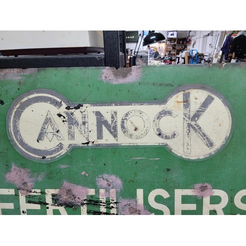 200 - Vintage single sided enamel green and white sign reads Cannock Fertilersers A Growing Need, has hole... 