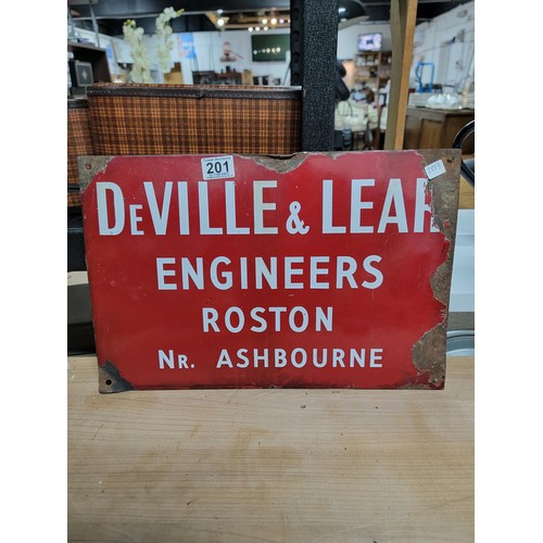 201 - Vintage red and white enamel sign reads De Ville & Lear Engineers Roston Nr Ashbourne, in overall go... 