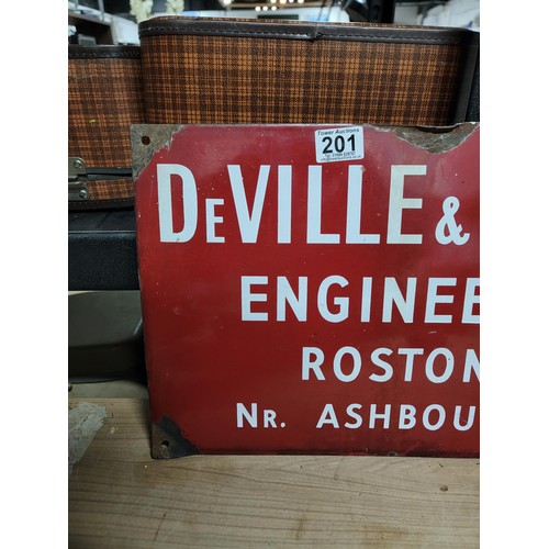 201 - Vintage red and white enamel sign reads De Ville & Lear Engineers Roston Nr Ashbourne, in overall go... 