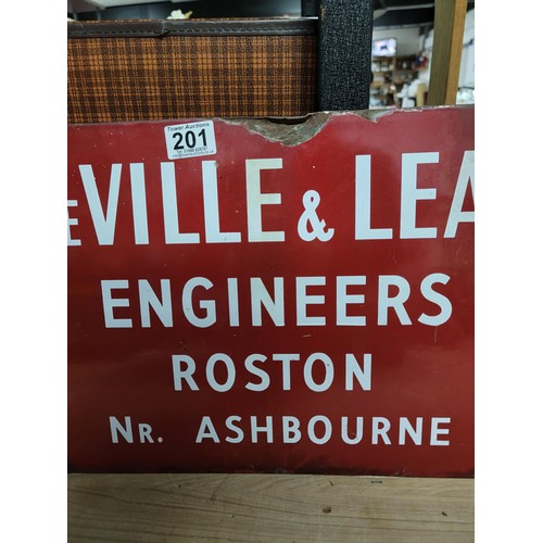 201 - Vintage red and white enamel sign reads De Ville & Lear Engineers Roston Nr Ashbourne, in overall go... 