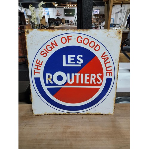 202 - Double sided vintage enamel Le Routiers Sign of Good Value sign in overall good condition