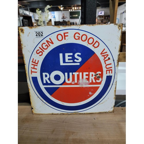 202 - Double sided vintage enamel Le Routiers Sign of Good Value sign in overall good condition