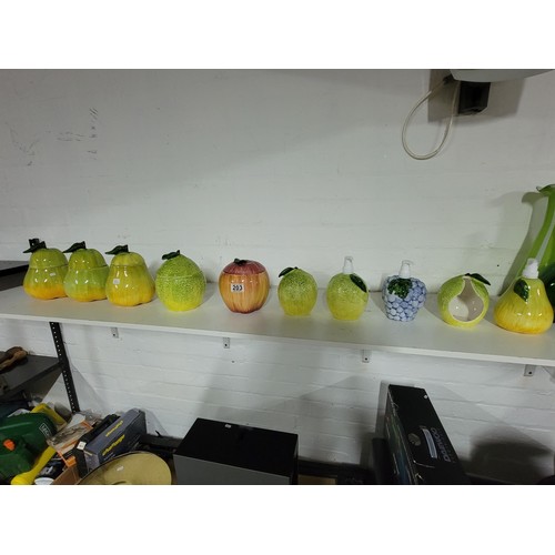 203 - Collection of 10x fruit design bathroom items inc storage lidded pots along with soap dispensers etc... 