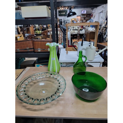 204 - Quantity of 4x pieces of glassware inc a tall green and white stripped fluted edge vase, green bottl... 