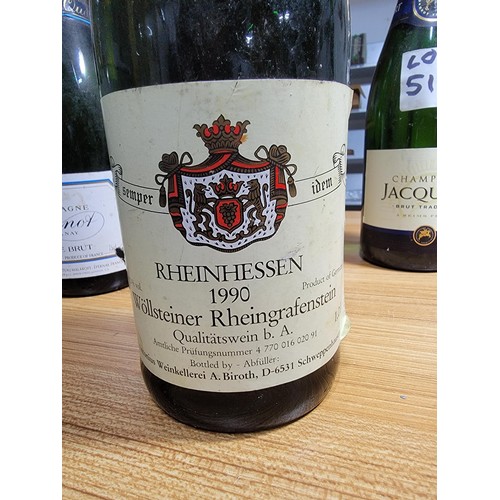 519 - 6x bottles of vintage sealed wine inc Jacquart Champagne, Barsac tanners wines, Rheinhessen 1990, M&... 