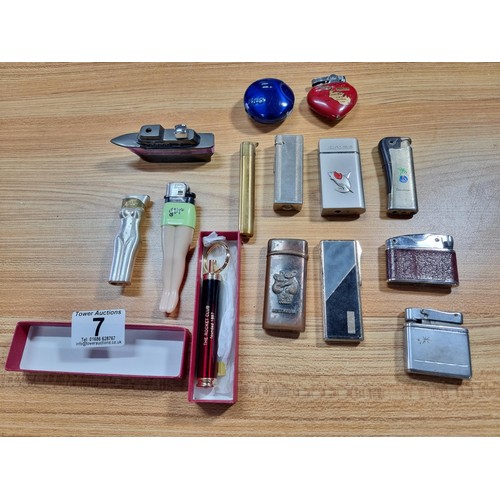 7 - A collection 13 vintage collectable lighters along with a boxed miniature torch to include some nove... 