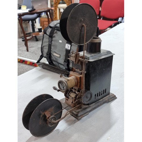 14 - An antique magic lantern slide viewer along with a good Cobra camera bag fitted inside for lenses an... 