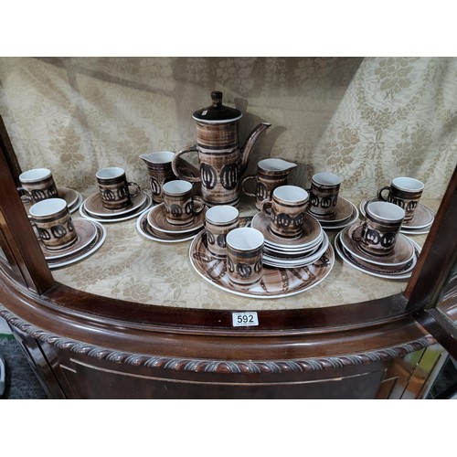 307 - Large 34x piece coffee set by Cinque Ports Pottery in brown and cream coffee pot has a height of 28c... 