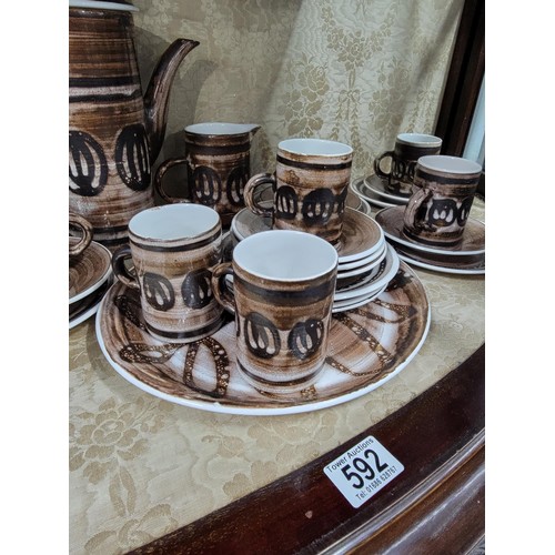 307 - Large 34x piece coffee set by Cinque Ports Pottery in brown and cream coffee pot has a height of 28c... 