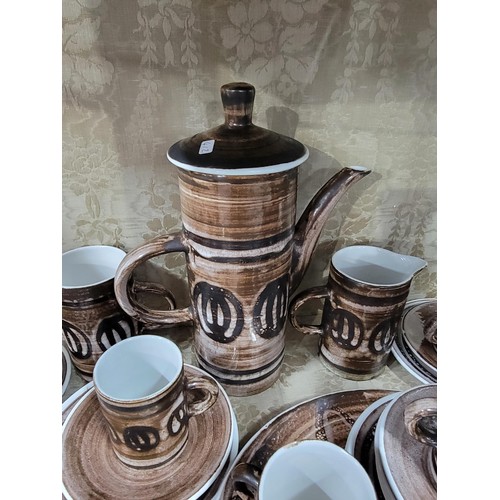 307 - Large 34x piece coffee set by Cinque Ports Pottery in brown and cream coffee pot has a height of 28c... 