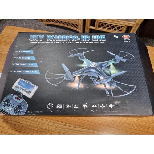 43 - A boxed Sky Warrior HD Live high performance camera drone, does 360 flips with a Wi-Fi video feed an... 