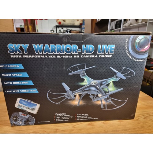 43 - A boxed Sky Warrior HD Live high performance camera drone, does 360 flips with a Wi-Fi video feed an... 