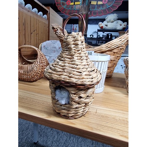 60 - A collection of 4 wicker baskets and a wicker bird house, a  good Harrod's wicker basket and 3 other... 