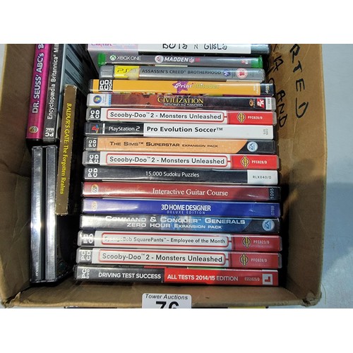 76 - Box containing a large quantity of PC games inc Fifa 11 on Wii, Far cry 3 on 360, Madden 18, PC Play... 