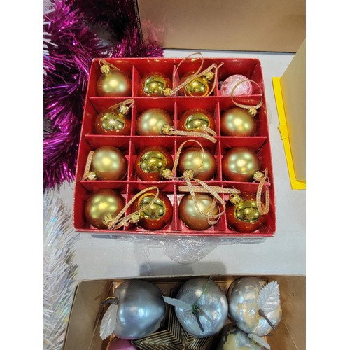 97 - Collection of Christmas decorations inc baubles, quantity of Tinsel, wooden Christmas decorations et... 