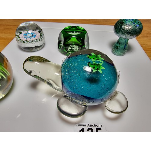 135 - A collection of 6 good glass paperweights to include an unusual turtle formed paperweight with 2 bab... 