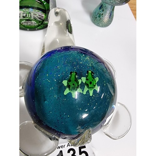 135 - A collection of 6 good glass paperweights to include an unusual turtle formed paperweight with 2 bab... 